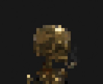 A low-resolution pixel art character with a brown and tan color palette stands against a dark gray background, depicting the partially unblurred preview of a trait, possibly from the ACK NFT collection, showing more detail than before.