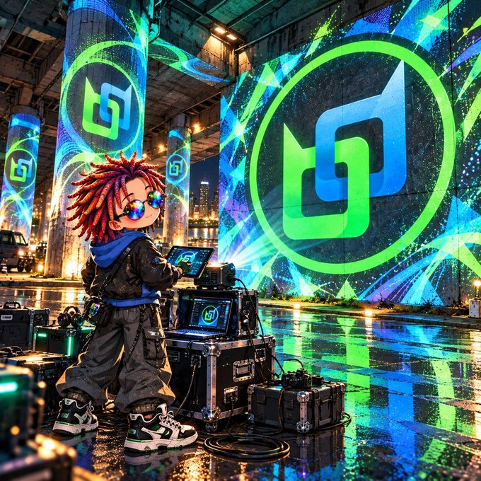 A vibrant, futuristic digital illustration of a young character with dreadlocks and neon sunglasses standing next to glowing green and blue cryptocurrency logos on pillars and walls in a cyberpunk-style setting.