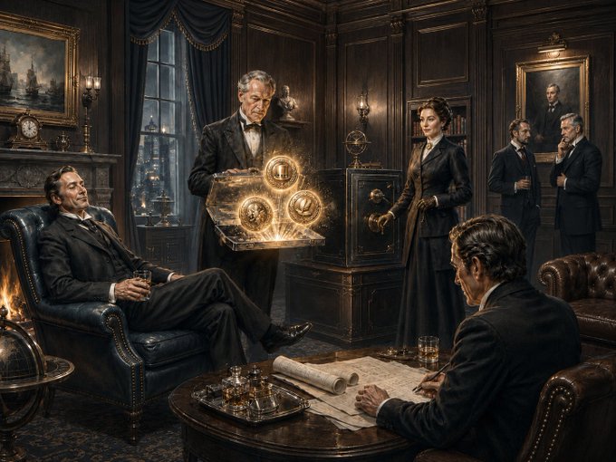 The image features a group of people gathered around a table with a large gold coin at its center. The room has dark wood paneling and a fireplace, creating an elegant atmosphere. There are several men dressed in suits sitting around the table, engaged in conversation or focused on their tasks. One man is holding a book while another man holds a crystal ball. A woman is also present in the scene, possibly observing the coin or participating in the discussion. The image seems to be related to an art project or a social gathering where people are discussing and admiring the large gold coin at the center of the room.