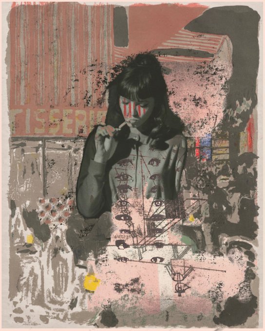 Mixed-media collage artwork featuring a woman with dark hair and bangs, partially obscuring her face with red vertical stripes, set against a textured pink and black background with eye motifs.