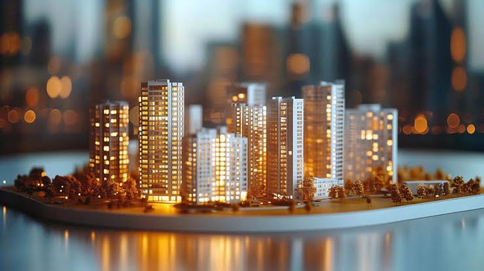 A miniature illuminated high-rise residential complex reflects the post’s focus on tokenizing a $2.2 billion real-estate asset onto Hedera. No visible text or names appear in the image.