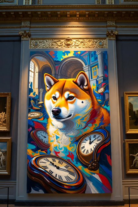 A vibrant, surreal painting of a Shiba Inu dog surrounded by melting clocks hangs in a grand, gilded art gallery between classical framed artworks.