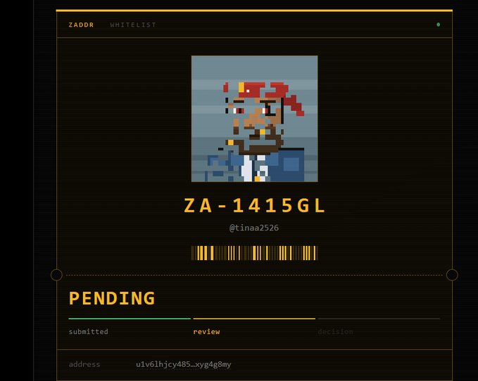 A ZADOR WHITELIST status page displays the token 'ZA-1415GL' (@tinaa2526) with a pixel art avatar, a barcode, and 'PENDING' status showing progress through 'submitted', 'review', and 'decision' stages.