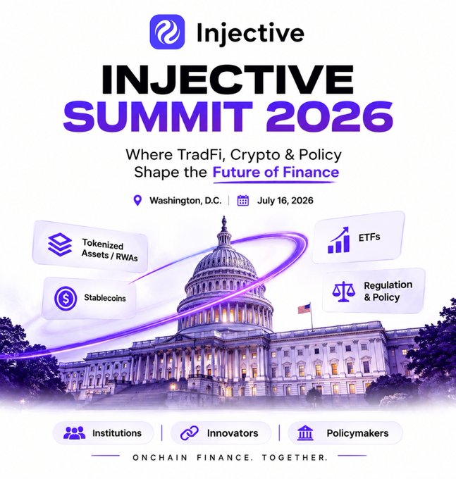 A promotional poster for the Injective Summit 2026 scheduled for July 16, 2026 in Washington, D.C., highlighting topics like Tokenized Assets/RWAs, Stablecoins, ETFs, and Regulation & Policy, featuring the U.S. Capitol building with the tagline "ONCHAIN FINANCE. TOGETHER."