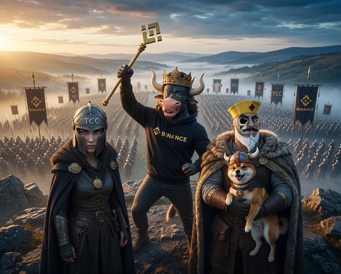 An armored warrior wearing a helmet labeled "TCC" stands alongside a crowned bull in a "Binance" hoodie wielding a key, and a skull-faced king in a fur cloak cradling a Shiba Inu, with "Binance" and "TCC" banners lining the battlefield behind them. The image personifies a crypto "squad" featuring Binance, the TCC community, and the iconic Shiba Inu mascot, reflecting the post's playful boast about assembling a stronger team than @TCryptochicks.