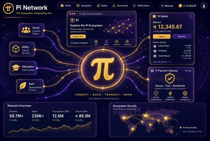 A dashboard for 'Pi Network' showing a Pi Wallet balance of 12,345.67 Pi (~$12,345.67 USD), a Network Overview with 58.7M+ Pioneers and 236K+ Nodes, and sections for Pi Payment Gateway and Ecosystem Growth.
