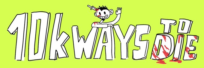 The image features the title "10k WAYS TO DIE" in a hand-drawn, cartoonish white font with blood splatter effects, accompanied by a sketchy stick figure character holding what appears to be a knife. This promotional artwork directly represents the "10,000 Ways to Die" NFT collection mentioned in the post, which has a supply of 10,000 on the Ethereum chain and is offering 5 giveaways plus 10 free claim NFTs to engage the community.