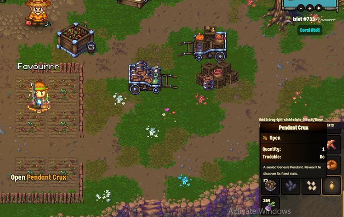 A player named "Islet #733" stands in a farm area labeled "Favouurrr" while holding a "Pendant Crux" item (Quantity: 1, Tradable: No), described as "A sealed Genesis Pendant. Reveal it to discover its fixed stats." The scene illustrates the player preparing to open their Genesis PENDANT, tying into the post about manifesting a high rarity tier pendant reveal ahead of the Gold Rush Early Access event.