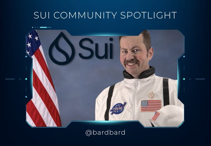 A 'Sui Community Spotlight' graphic featuring an American flag, the Sui logo, and a masked photo of a Sui fan, tagged '@bardbard'.