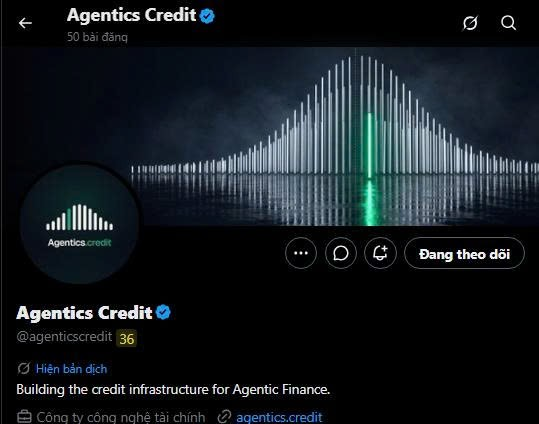 A Twitter/X profile page for 'Agentics Credit' (@agenticscredit) describing itself as 'Building the credit infrastructure for Agentic Finance,' with 50 bài đăng (posts) and audio waveform cover art.