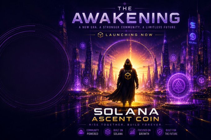 A promotional banner for "THE AWAKENING" featuring a hooded figure standing in a futuristic purple cityscape, advertising "SOLANA ASCENT COIN" with the tagline "A NEW ERA. A STRONGER COMMUNITY. A LIMITLESS FUTURE."