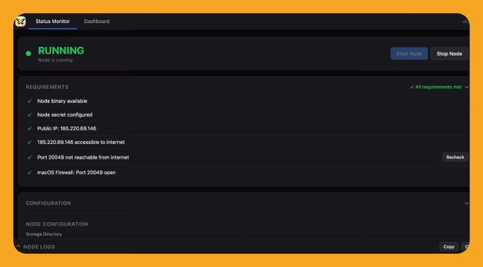 Status Monitor dashboard showing a running Bitcoin node with all requirements met, including binary availability, node secret configured, Public IP 185.220.69.146 with port 20049 and macOS firewall configured.