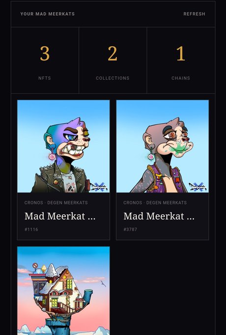 A dark-themed NFT portfolio dashboard titled 'YOUR MAD MEERKATS' showing stats of 3 NFTs across 2 collections on 1 chain, with two visible 'Mad Meerkat' NFT cards from the Cronos - Degen Meerkats collection (#1116 and #3787).