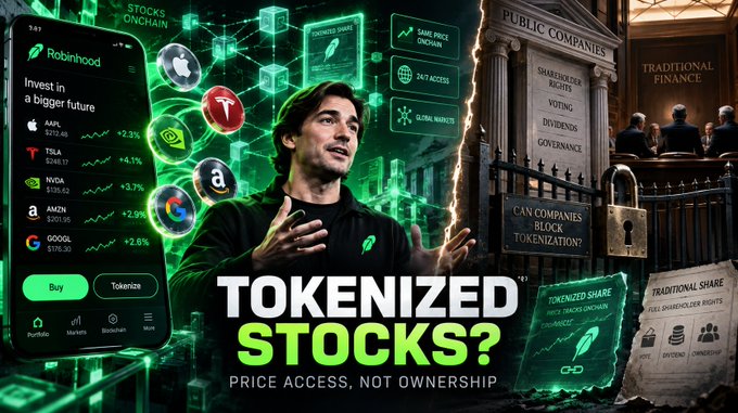 A promotional graphic titled "TOKENIZED STOCKS? PRICE ACCESS, NOT OWNERSHIP" features a man surrounded by tech icons alongside a Robinhood app interface and traditional finance imagery.