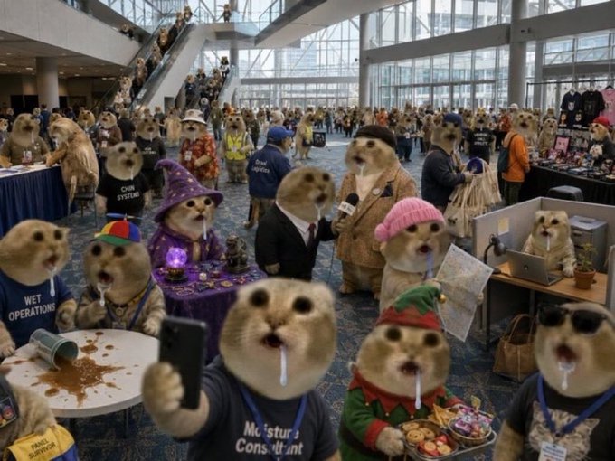 A crowded convention hall filled with quokka mascots in various costumes, including a "Moisture Consultant" taking a selfie, a "Wet Operations" worker, and a "Props Supplier," some drooling while eating, working, or selling merchandise. The scene humorously reflects "The great dip before the great reversal," symbolizing a market or emotional low point where exhaustion and indulgence set the stage for an upcoming rebound.
