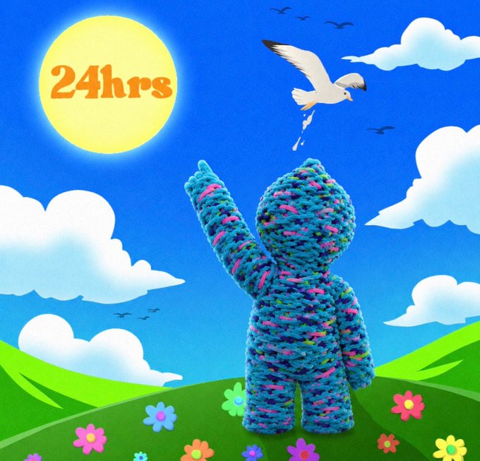 A colorful digital illustration featuring a blue knitted/crocheted figure pointing up at a seagull flying overhead, with a yellow sun labeled '24hrs' in the upper left, set against a sky with clouds, green hills, and flowers.
