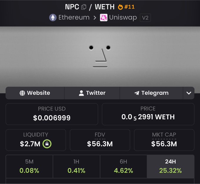 A cryptocurrency trading interface displays NPC/WETH token data on Uniswap V2, showing a price of $0.006999 (0.052991 WETH), with $2.7M liquidity, $56.3M market cap, and a 25.32% gain over 24 hours.