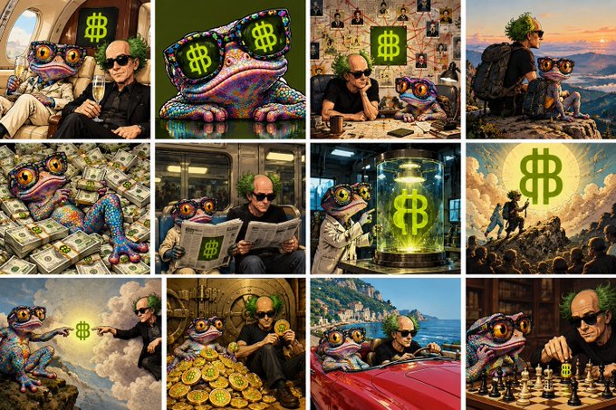 A 3x4 grid collage of AI art depicting a colorful chameleon wearing '$' logo sunglasses interacting with a bald man in various luxurious scenarios.