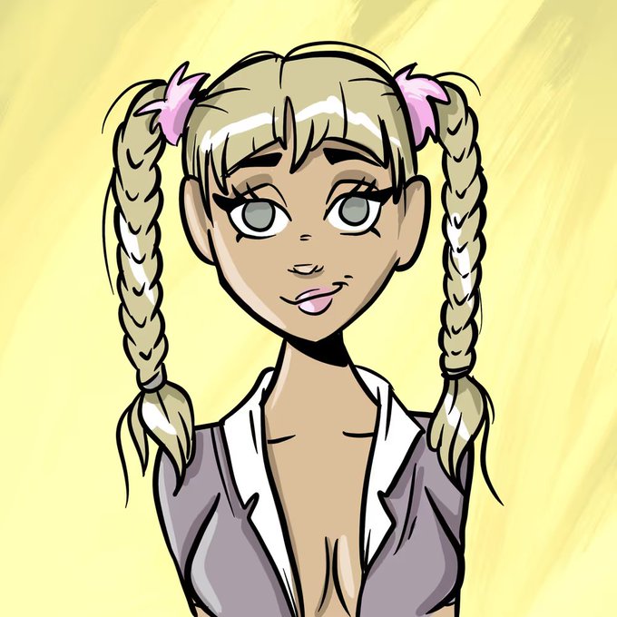 A digital illustration of a young girl with blonde hair in twin braids tied with pink ribbons, large gray eyes, and a gray collared top against a yellow background.
