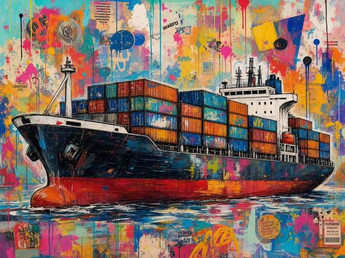 A colorful graffiti-style street art painting of a large cargo ship loaded with shipping containers, set against a vibrant splattered background with barcodes and text.