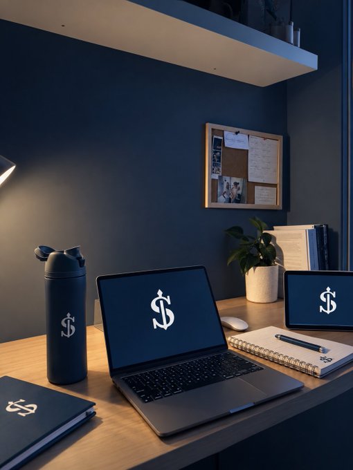 A dimly lit workspace with a dark blue wall featuring a corkboard, a potted plant, and a wooden desk holding a laptop, tablet, water bottle, and notebook—all displaying a stylized dollar sign logo on their screens.