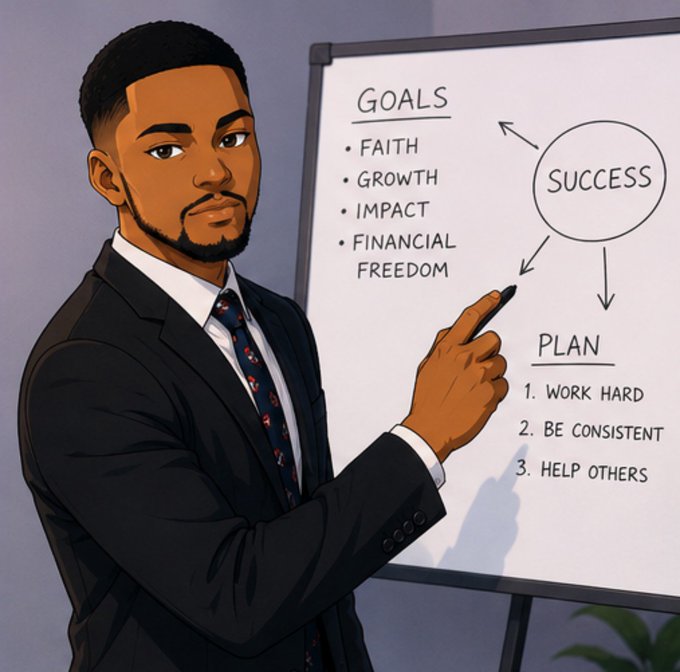 An illustrated image shows a man in a suit pointing at a whiteboard listing 'GOALS' (Faith, Growth, Impact, Financial Freedom) and a 'PLAN' (Work Hard, Be Consistent, Help Others) connected by 'SUCCESS'.