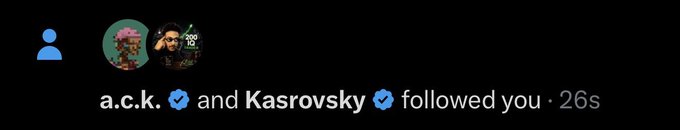 A Twitter notification showing that two verified accounts, "a.c.k." and "Kasrovsky," have followed the user, with the post celebrating new followers and an upcoming claim opportunity.