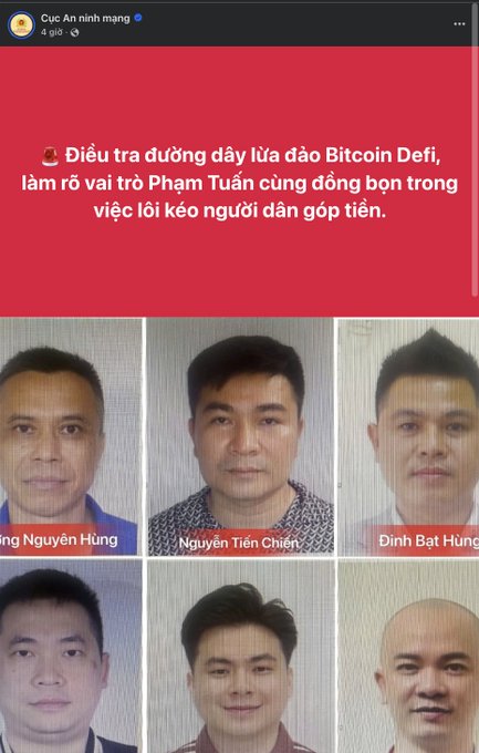 A Vietnamese police Facebook post from 'Cục An ninh mạng' announces an investigation into the 'Bitcoin Defi' fraud scheme, displaying six mugshots of suspects including 'Nguyễn Hùng', 'Nguyễn Tiến Chiến', and 'Đinh Bát Hưng'.