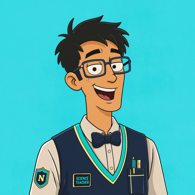 A cartoon science teacher with messy black hair, glasses, a bow tie, and a vest labeled "SCIENCE TEACHER" with an "N" shield logo stands against a turquoise background. The image appears unrelated to the post's discussion about NFT collecting preferences, serving instead as an unrelated avatar or profile-style illustration.