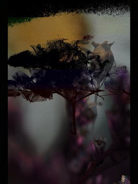 An abstract, dark artwork featuring a cluster of black branches or coral-like structures against a hazy background with purple and yellow tones, partially obscured by out-of-focus foliage.