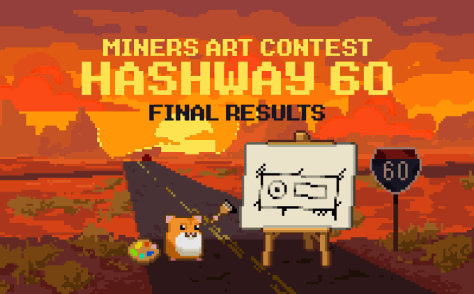 A pixel art graphic announcing 'MINERS ART CONTEST HASHWAY 60 FINAL RESULTS', showing a cat holding a paintbrush next to an easel on a desert road.