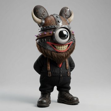 A 3D rendered character of a viking minion wearing a horned helmet, goggles with a single large eye, and black work clothes, featuring a wide grin.