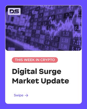 A promotional graphic features the "DS" logo over a stock chart background, with a "THIS WEEK IN CRYPTO" tag and the title "Digital Surge Market Update" and a "Swipe →" prompt.