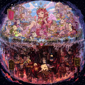 An elaborate illustration is divided into two halves within a celestial sphere, contrasting an angelic paradise with vibrant colors on top against a dark, fiery underworld below.