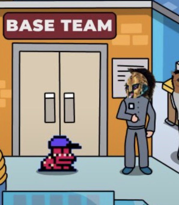 A pixelated red character wearing a blue cap crouches near the doors of a building labeled "BASE TEAM," watched by a man with an animal-like head in a gray uniform. The cartoon setting humorously depicts someone identifying with the "base team" by literally waiting outside its entrance.