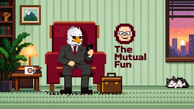 A pixel art image features a bird in a suit sitting in a red armchair holding a phone, next to a face icon and the text 'The Mutual Fun,' with a cat sleeping nearby.