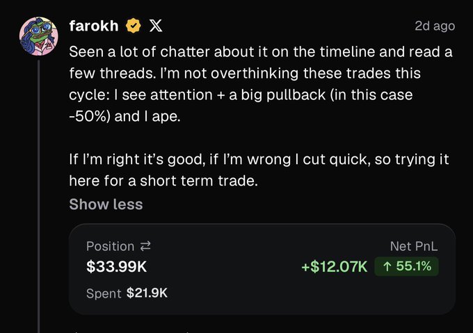 A tweet by user "farokh" describes a trading strategy based on spotting attention and significant pullbacks (-50%) to "ape" into short-term trades with quick cuts if wrong, accompanied by a position summary showing a $33.99K position with a +$12.07K (+55.1%) net profit on $21.9K spent. The accompanying post emphasizes using X (formerly Twitter) as a signal source for identifying these trading opportunities, aligning with the tweet's mention of "chatter" on the timeline as a catalyst for his trade.