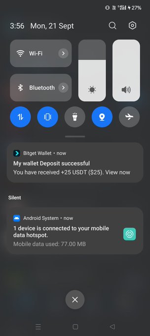 An Android notification panel showing a successful Bitget Wallet deposit of 25 USDT and a mobile data hotspot notification.