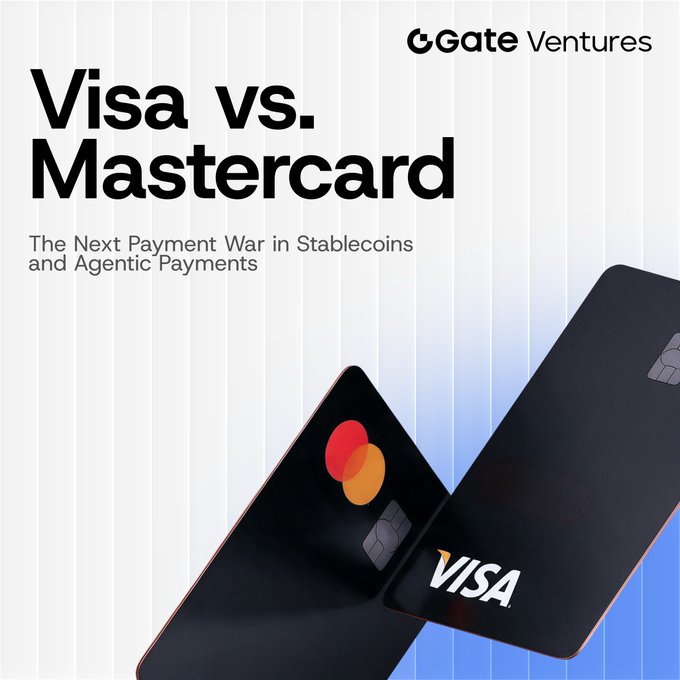 A Gate Ventures report cover titled "Visa vs. Mastercard: The Next Payment War in Stablecoins and Agentic Payments," featuring two black credit cards crossed over each other — one displaying the Mastercard logo and the other the Visa logo — visually illustrating the report's focus on how these payment giants are competing to dominate the emerging infrastructure for stablecoin and AI-driven transactions.