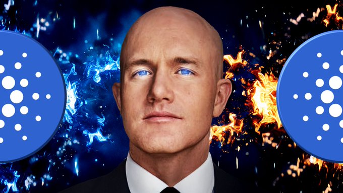 A bald man with glowing blue eyes wearing a black suit stands between two Cardano (ADA) logos, flanked by blue lightning on the left and orange flames on the right.