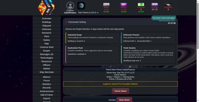 A screenshot of a space-themed strategy game interface, specifically the "Main Planet" page for Saiph/Polaris, showing a commander briefing with options like Industrial Surge, Defensive Posture, and Exploration Push.
