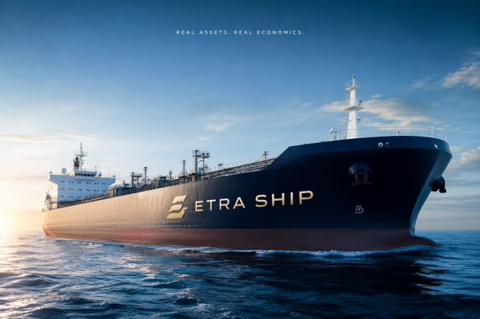 The image showcases a large freight ship named "ETRA SHIP" sailing during what appears to be an early morning or late afternoon period, as evidenced by the low angle of sunlight reflecting off the water.
It complements the provided statement by illustrating the concept of tokenizing a real-world asset—a ship. The ship is a tangible asset used for transport and trade, and its tokenization doesn't inherently provide information about the company's performance, revenue sources, or the market factors influencing its operation.