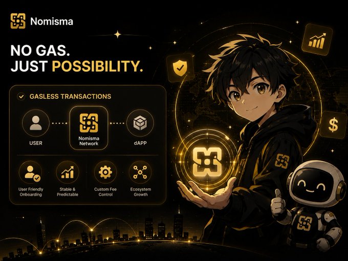 The image promotes Nomisma Network with the bold tagline "NO GAS. JUST POSSIBILITY," featuring an anime-styled character holding a glowing Nomisma logo alongside a friendly robot mascot, while an infographic illustrates the gasless transaction flow between User → Nomisma Network → dApp, highlighting benefits like "User Friendly Onboarding," "Stable & Predictable," "Custom Fee Control," and "Ecosystem Growth."

This visual directly supports the post by showcasing how Nomisma eliminates traditional gas fees through its gasless transaction model, enabling developers to create custom fee structures that deliver the smoother, more user-friendly blockchain experience the post describes.