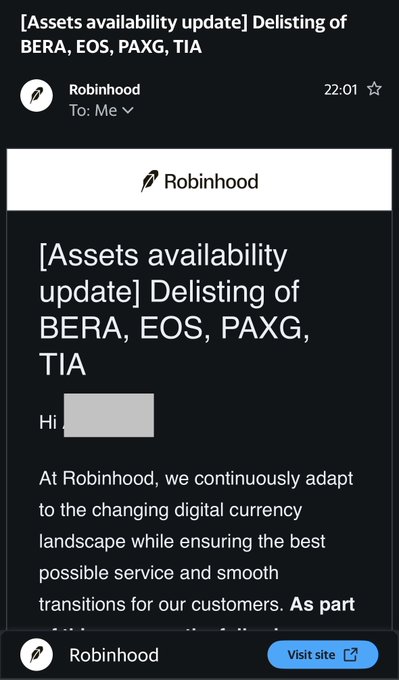 An email notification from Robinhood titled '[Assets availability update] Delisting of BERA, EOS, PAXG, TIA' sent at 22:01.