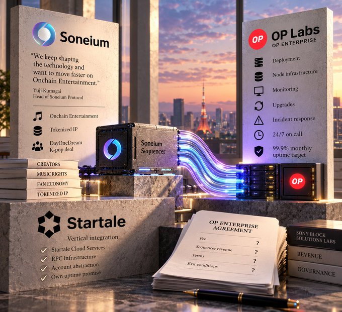 A promotional graphic featuring a partnership between 'Soneium' and 'OP Labs (OP Enterprise)', highlighting features like Onchain Entertainment, Tokenized IP, node infrastructure, and monitoring, alongside a 'Startale' section and an 'OP Enterprise Agreement' document.