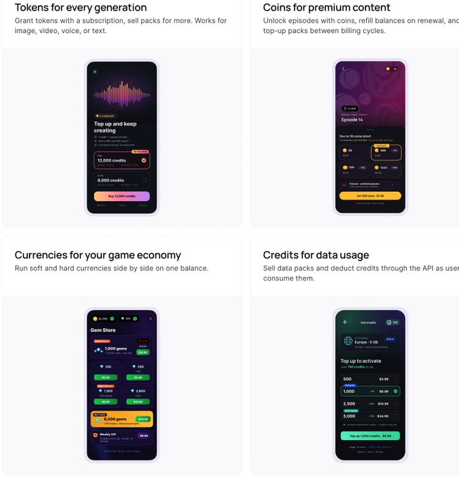 A RevenueCat promotional graphic displaying four mobile app interface mockups for 'Tokens for every generation', 'Coins for premium content', 'Currencies for your game economy', and 'Credits for data usage'.