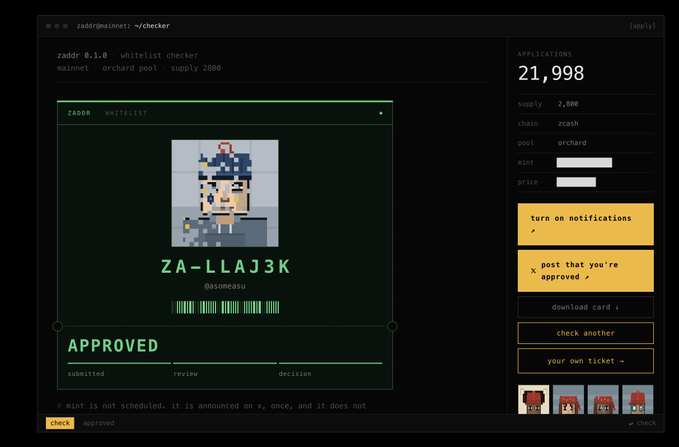 A screenshot of zaddr.net's whitelist checker showing NFT application #21,998 for the "zaddr 0.1.0" collection on the Orchard pool was approved for user "@asomeasu" with the ticket ID ZA-LLAJ3K. The page displays application stats including a supply of 2,000 and chain "zcash," along with pixel art preview images of the NFT characters in the sidebar.