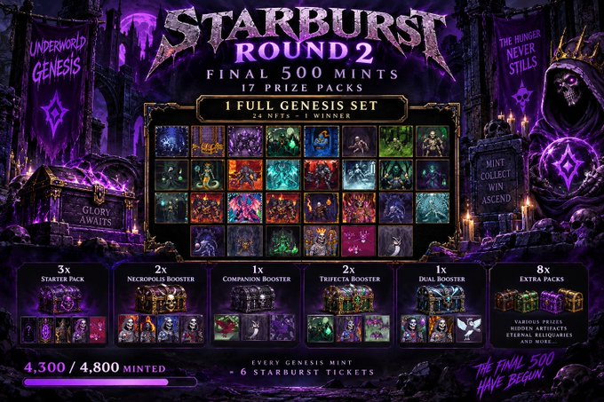 A promotional banner for 'STARBURST ROUND 2' advertises a Final 500 Mints Genesis Set with 17 prize packs, including starters, boosters, and extra packs, with 4,300/4,800 minted.