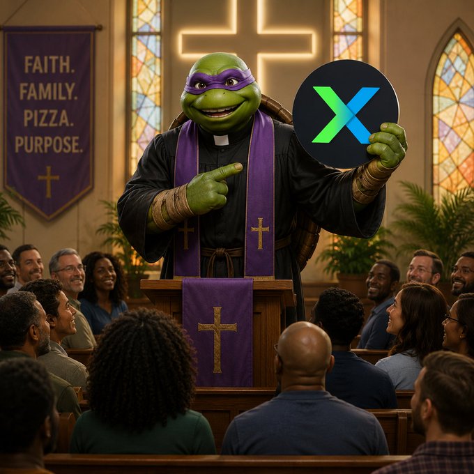 A costumed Teenage Mutant Ninja Turtle dressed as a preacher stands at a pulpit holding up an "X" logo sign, with a banner reading "FAITH. FAMILY. PIZZA. PURPOSE." and a glowing cross behind him, preaching to a smiling congregation.

The image humorously ties into the post's Sunday well-wishes by depicting a clergy-like figure "blessing" followers with an "X" symbol, fitting the playful, meme-like tone of wishing more $ROLL gains to the poster's audience.