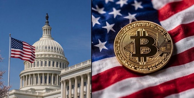 A split image showing the U.S. Capitol building with an American flag on the left, and a physical Bitcoin token resting on an American flag on the right.